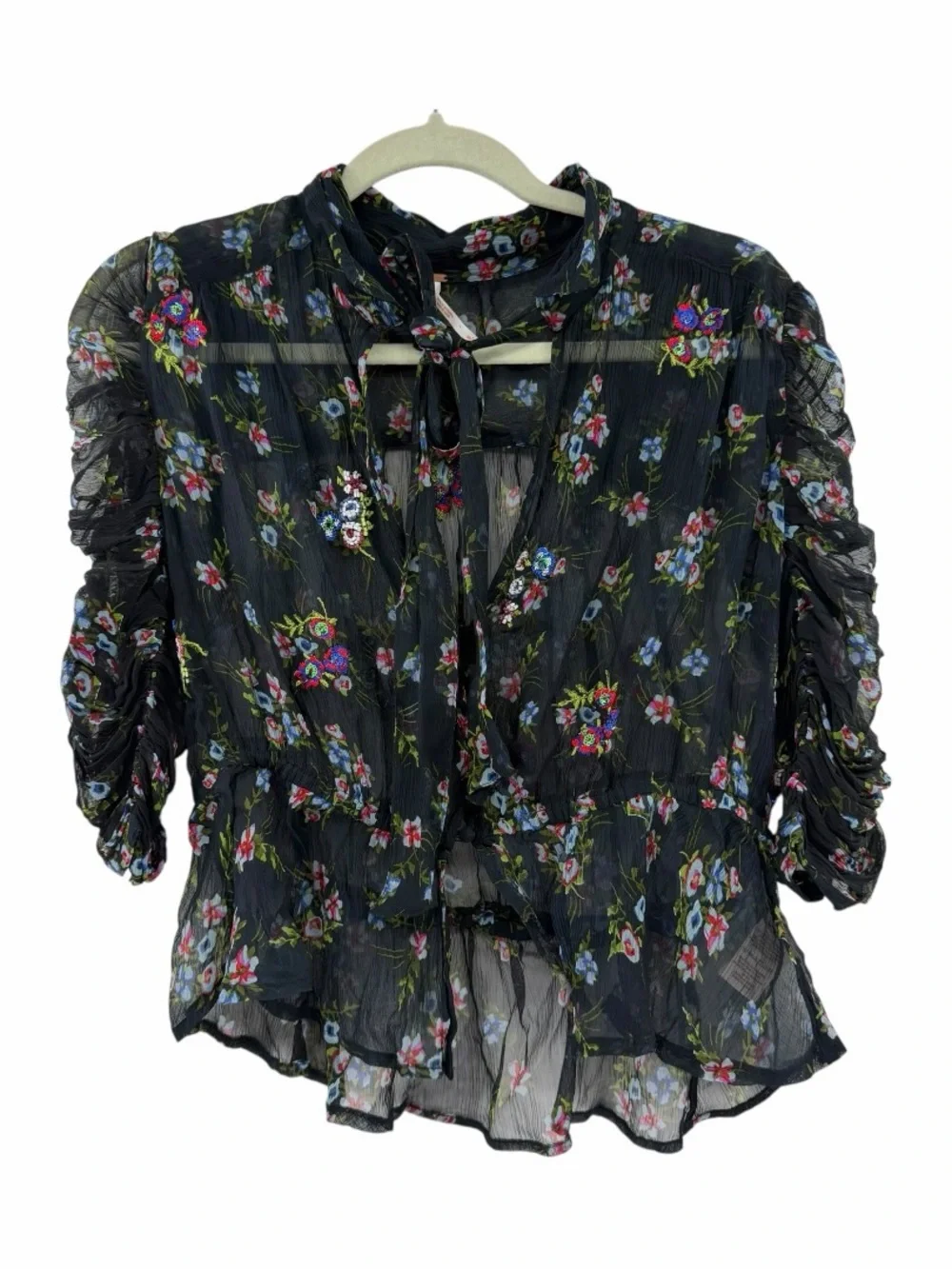 Free People Sheer Black Floral Tie-Neck Blouse beaded and embroidered size small